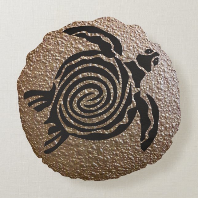 Zwarte Tribale Spiral Zee Turtle Rond Kussen (Achterkant)