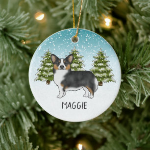 Zwarte Tricolor Pembroke Corgi Hond Winter Kerstmi Keramisch Ornament
