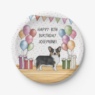 Zwarte Tricolor Pembroke Welsh Corgi Happy Birthda Papieren Bordje