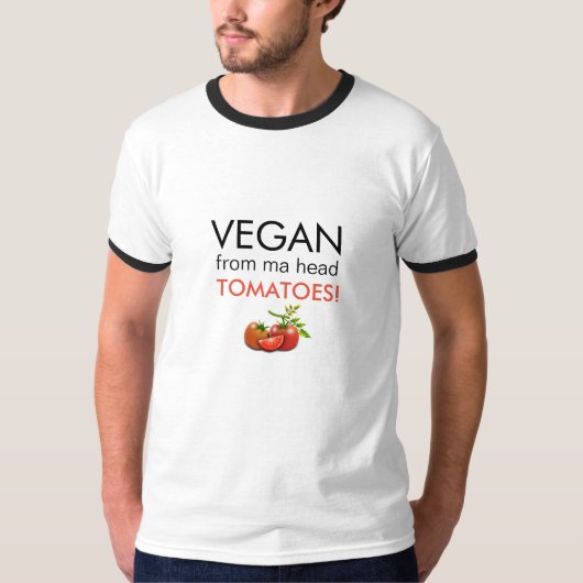Zwarte trim slogan VEGAN VAN MA HEAD TOMATEN T-shirt (Voorkant)