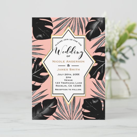 Zwarte tropische bladeren en koraalrif gouden brui kaart (Staand voorkant)