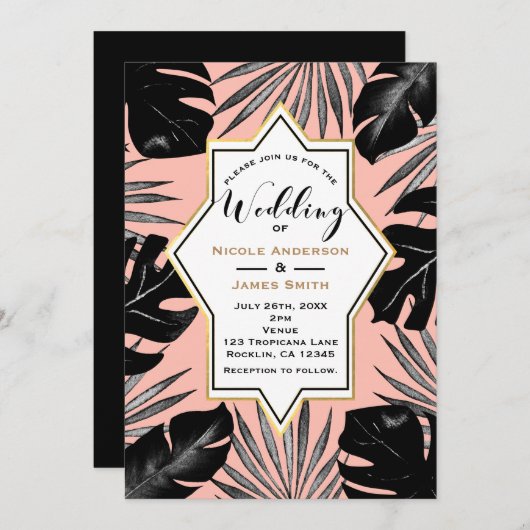 Zwarte tropische bladeren en koraalrif gouden brui kaart (Voorkant / Achterkant)