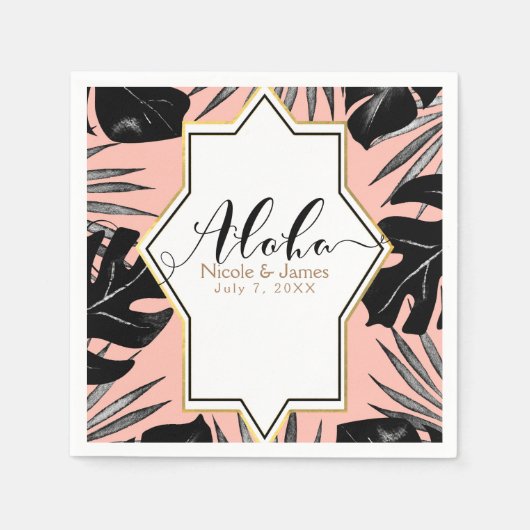 Zwarte tropische bladeren en koraalrif gouden brui servet (Voorkant)