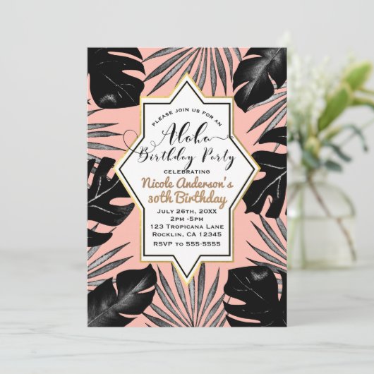 Zwarte tropische bladeren & koraal perzik gouden v kaart (Staand voorkant)