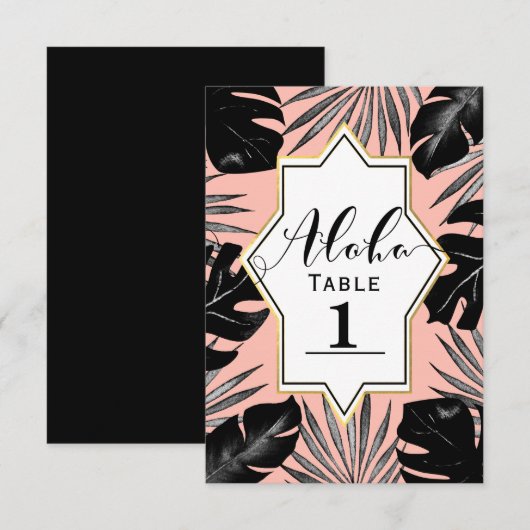 Zwarte tropische bladeren & Koraalgoud tafelnummer (Voorkant / Achterkant)