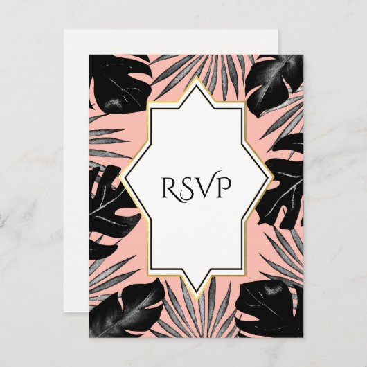 Zwarte tropische bladeren & koraalpeach Gold RSVP Uitnodiging Briefkaart (Voorkant / Achterkant)