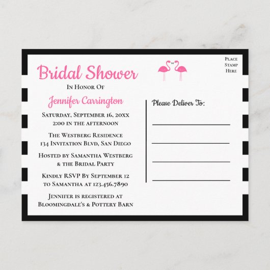 Zwarte Tropische Strand Roze Flamingo Bruidsfeest  Uitnodiging Briefkaart (Achterkant)
