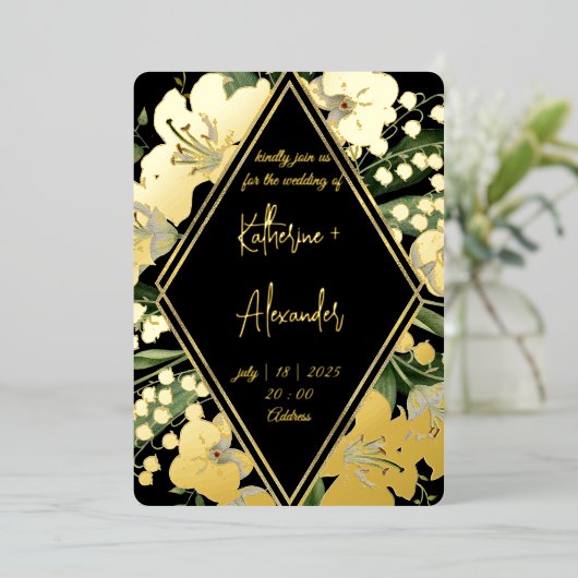 Zwarte trouw bloemige lelie uitnodiging klassieker (Staand Voorkant)