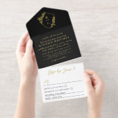 Zwarte trouwdag met gouden blad versierd schild mo all in one uitnodiging (Uittrekbaar)