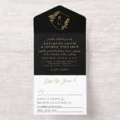 Zwarte trouwdag met gouden blad versierd schild mo all in one uitnodiging (Binnenkant)