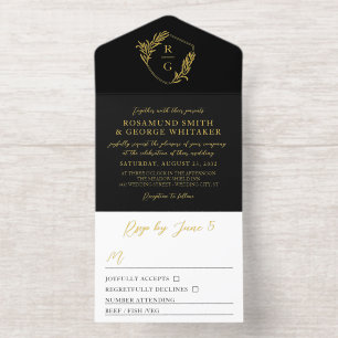 Zwarte trouwdag met gouden blad versierd schild mo all in one uitnodiging