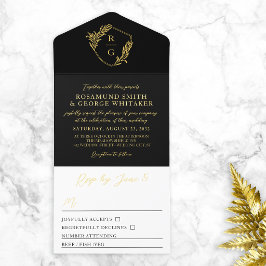 Zwarte trouwdag met gouden blad versierd schild mo all in one uitnodiging
