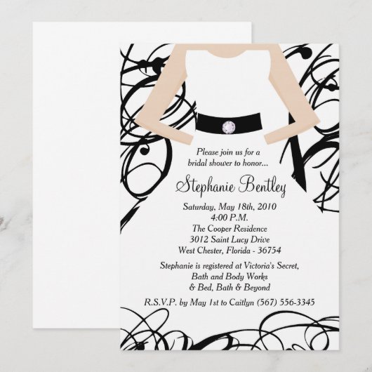 Zwarte Trouwjurk Bruids Douche Uitnodiging (Voorkant / Achterkant)