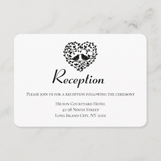 Zwarte Trouwreceptie Liefdesvogels Bloemhart Informatiekaartje (Voorkant)