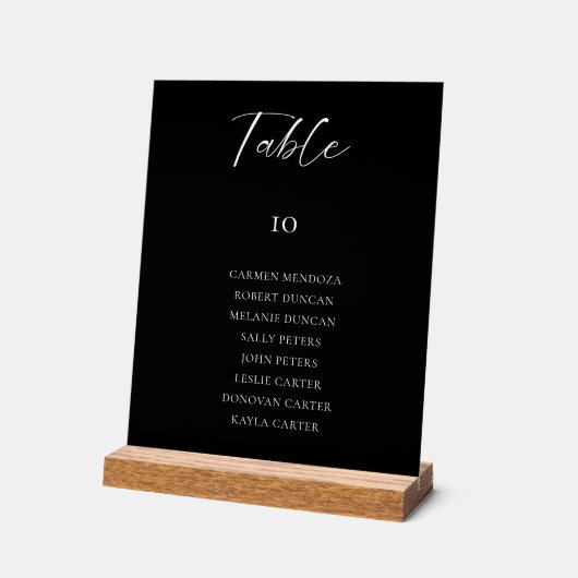 Zwarte trouwstoelindeling tafelkaart elegant acryl bord (Hoek)