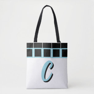 Zwarte & Turquoise Geometrische Monogram Schoudert Tote Bag
