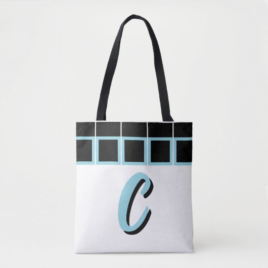 Zwarte & Turquoise Geometrische Monogram Schoudert Tote Bag (Voorkant)