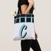 Zwarte & Turquoise Geometrische Monogram Schoudert Tote Bag (Dichtbij)