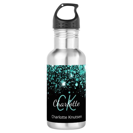 Zwarte turquoise glinsterend monogram naam glamour waterfles (Voorkant)