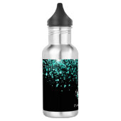 Zwarte turquoise glinsterend monogram naam glamour waterfles (Links)