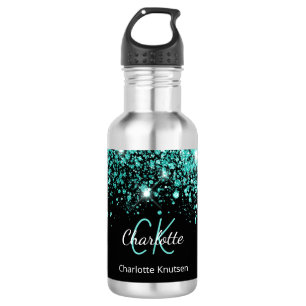 Zwarte turquoise glinsterende monogram naam glamou waterfles 