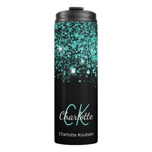 Zwarte turquoise groene glitters monogram naam thermosbeker (Voorkant)
