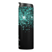 Zwarte turquoise groene glitters monogram naam thermosbeker (Geroteerd rechts)