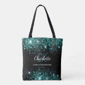 Zwarte turquoise groene glitters monogram tote bag (Achterkant)