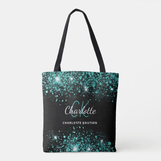 Zwarte turquoise groene glitters monogram tote bag (Achterkant)