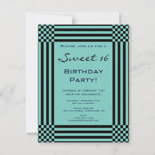 Zwarte Turquoise Strepen Sweet 16 Verjaardagsfeest Kaart