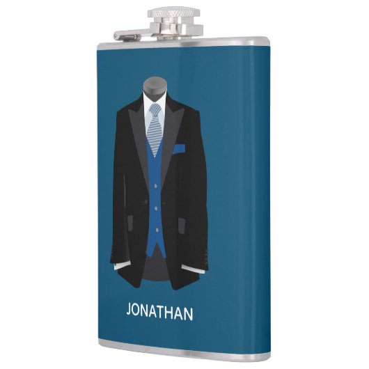 Zwarte Tux met Blue Vest Personalize Wedding Heupfles (Links)