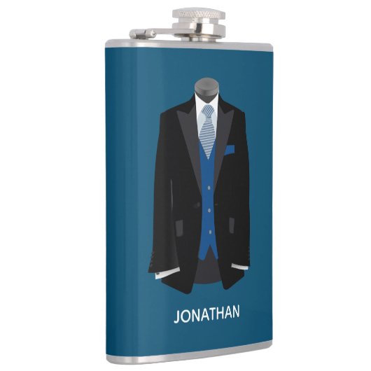 Zwarte Tux met Blue Vest Personalize Wedding Heupfles (Rechts)