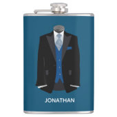 Zwarte Tux met Blue Vest Personalize Wedding Heupfles (Voorkant)