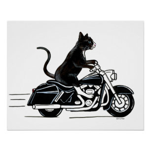 Zwarte Tuxedo Cat Riding Motorcycle Perfect Poster
