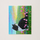 Zwarte Tuxedo Cat Tulips Art Creationarts Legpuzzel (Verticaal)