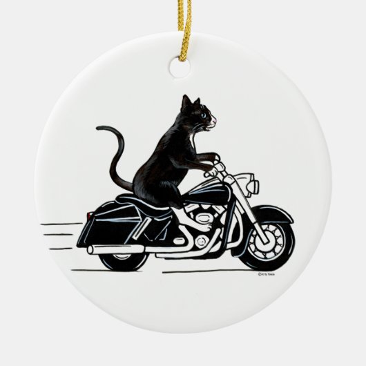 Zwarte tuxedo-kat op een motorfiets keramisch ornament (Voorkant)