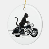 Zwarte tuxedo-kat op een motorfiets keramisch ornament (Links)
