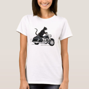 Zwarte tuxedo-kat op een motorfiets t-shirt