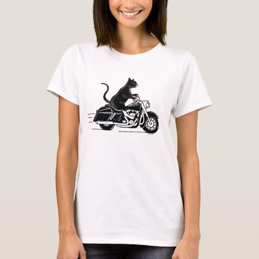 Zwarte tuxedo-kat op een motorfiets t-shirt (Voorkant)