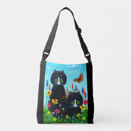 Zwarte Tuxedo katten en kleurrijke bloemen Crossbody Tas