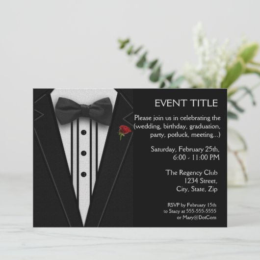 Zwarte Tuxedo met Bow Stropdas Red Rose Kaart (Staand voorkant)