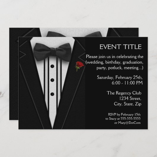 Zwarte Tuxedo met Bow Stropdas Red Rose Kaart (Voorkant / Achterkant)