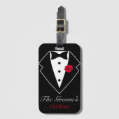 Zwarte Tuxedo met Red Rose Honeymoon Gepersonalise Bagagelabel (Voorkant (verticaal))