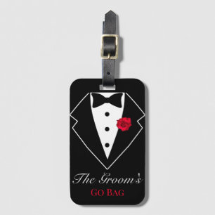 Zwarte Tuxedo met Red Rose Honeymoon Gepersonalise Bagagelabel