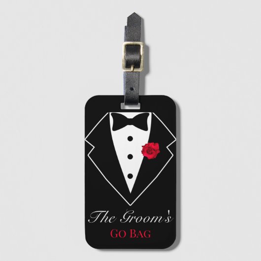 Zwarte Tuxedo met Red Rose Honeymoon Gepersonalise Bagagelabel (Voorkant (verticaal))