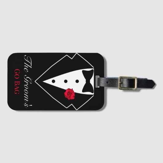 Zwarte Tuxedo met Red Rose Honeymoon Gepersonalise Bagagelabel (Voorkant (horizontaal))