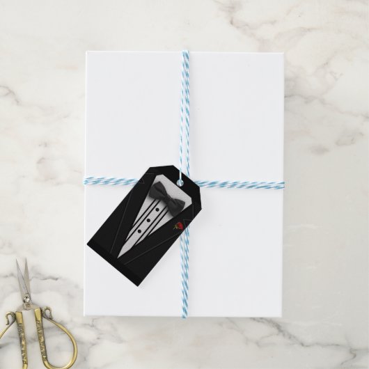 Zwarte Tuxedo met Rode Roos Cadeaulabel (Met Touw)