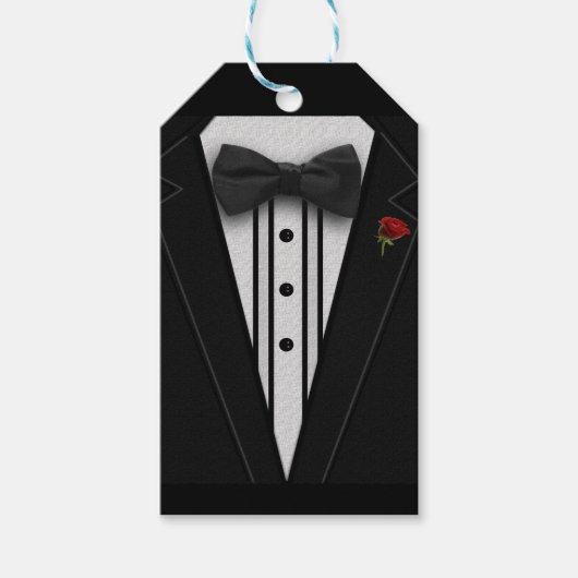 Zwarte Tuxedo met Rode Roos Cadeaulabel (Voorkant)