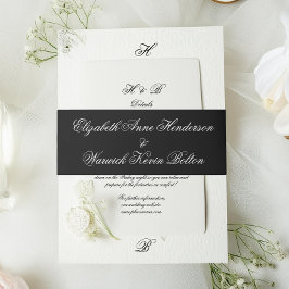 Zwarte Tuxedo Monogram Calligraphy Trouwpak Premiu Uitnodigingen Wikkel