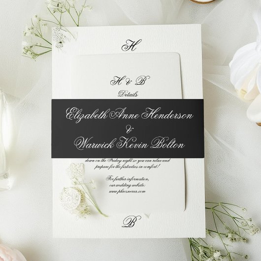 Zwarte Tuxedo Monogram Calligraphy Trouwpak Premiu Uitnodigingen Wikkel